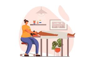 spa salon web concept in vlak ontwerp. professioneel masseuse maakt gelaats massage voor vrouw cliënt. vrouw aan het liegen Aan bankstel en krijgen schoonheid huid zorg procedure. illustratie met mensen tafereel vector