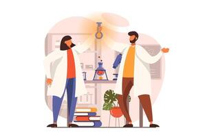 wetenschap laboratorium web concept in vlak ontwerp. vrouw en Mens maken wetenschappelijk ontdekking en houden test buis met nieuw substantie. wetenschappers maken laboratorium experimenten. illustratie met mensen tafereel vector