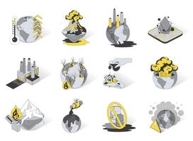 globaal opwarming en verontreiniging 3d isometrische pictogrammen set. pak elementen van klimaat verandering Aan planeet, uitstoot, vulkaan explosies, Woud branden, olie industrie. illustratie in modern isometrie ontwerp vector