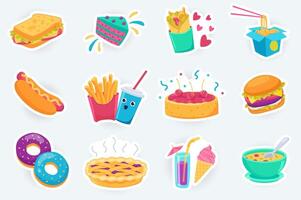 smakelijk snel voedsel schattig stickers reeks in vlak tekenfilm ontwerp. bundel van broodje, taart, burrito, noedels, heet hond, Patat, cola, kers taart en ander. illustratie voor ontwerper of organisator sjabloon vector