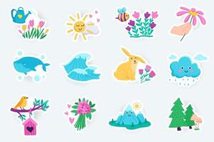 natuur schattig stickers reeks in vlak tekenfilm ontwerp. bundel van zon, wolk, bloem, walvis, oceaan Golf, konijn, regenen, vogel, bergen, Woud en ander. illustratie voor ontwerper of organisator sjabloon vector