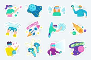 metaverse schattig stickers reeks in vlak tekenfilm ontwerp. bundel van Mens en vrouw in vr koptelefoon, joystick, gamen, raket, ruimte, controleur en ander. illustratie voor ontwerper of organisator sjabloon vector