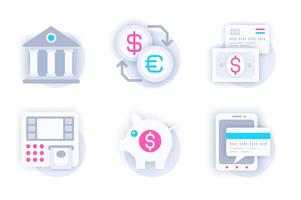 financiën web concept van 3d papier pictogrammen set. pak vlak pictogrammen van bank, geld aandelenbeurs, contant geld, munteenheid, online bankieren, Geldautomaat, varkentje bank en credit kaart. elementen voor mobiel app en website vector