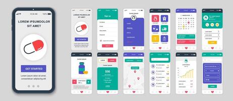 reeks van ui, ux, gui schermen geneeskunde app vlak ontwerp sjabloon voor mobiel appjes, snel reagerend website draadframes. web ontwerp ui uitrusting. geneeskunde dashboard. vector