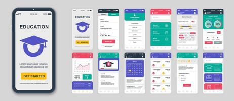 reeks van ui, ux, gui schermen onderwijs app vlak ontwerp sjabloon voor mobiel appjes, snel reagerend website draadframes. web ontwerp ui uitrusting. onderwijs dashboard. vector