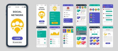 reeks van ui, ux, gui schermen sociaal netwerk app vlak ontwerp sjabloon voor mobiel appjes, snel reagerend website draadframes. web ontwerp ui uitrusting. sociaal netwerk dashboard. vector