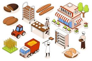 bakkerij 3d isometrische mega set. verzameling vlak isometrie elementen en mensen van bakkerij winkel gebouw, bakkers maken brood, gebakje werkwijze, tarwe vrachtwagen, agrarisch machines. illustratie. vector