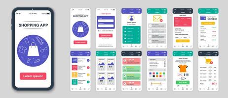 reeks van ui, ux, gui schermen boodschappen doen app vlak ontwerp sjabloon voor mobiel appjes, snel reagerend website draadframes. web ontwerp ui uitrusting. boodschappen doen dashboard. vector