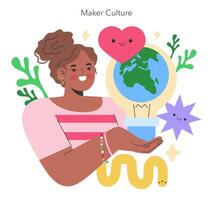 maker cultuur concept een blij Schepper belichaamt de geest van doe-het-zelf, Holding de wereld waar innovatie en liefde voor bouwen samenvoegen een viering van creativiteit illustratie vector