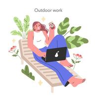 buitenshuis werk illustratie een freelancer geniet de vrijheid van afgelegen werk in een sereen tuin instelling, belichamen een ontspannen nog productief levensstijl illustratie vector