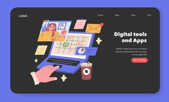 digitaal gereedschap en apps illustratie een modern professioneel navigeert workflow gebruik makend van digitaal hulpmiddelen, houden taken georganiseerd en tijd beheerd met een virtueel kalender illustratie vector
