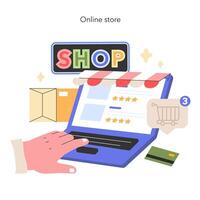 e-commerce gemak concept handen afronden een online aankoop, markeren de gemak van digitaal boodschappen doen met een levendig laptop Scherm illustratie vector