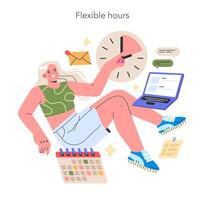 flexibel uren illustratie vrolijk professioneel beheert tijd efficiënt met digitaal gereedschap in een ontspannen, vanuit huis milieu illustratie vector