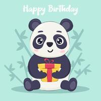 gelukkig verjaardag kaart, uitnodiging concept met schattig panda Holding geschenk doos en bamboe achtergrond vector