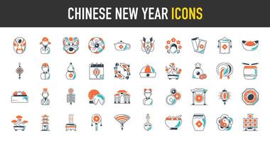 Chinese nieuw jaar icoon. zo net zo maan- jaar, masker, keizer, theepot, draak, bloem, Peking, karpers, knoedel, kalebas, envelop, rood, kalender, hoed, geld, bekkens, trommel, voetzoeker pictogrammen. vector