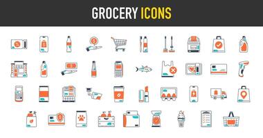 kruidenier pictogrammen. zo net zo op te slaan, online verkoop, levering, klant, mand, zuivel, vlees, brood, groenten, fruit, papier tas, terugbetaling, karretje, bonnen, betaling, voedsel, verlanglijstje, frisdrank, edc icoon vector