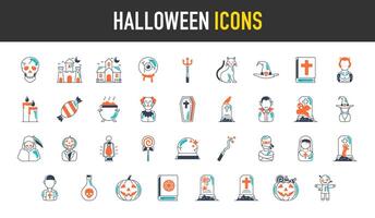 halloween icoon. zo net zo hoek van dood, masker van moordenaar, knuppel, geest, huis, uil, kaars, zwart kat, snoep, wolf, schedel, Bijbel, kraai, zombie, lantaarn, kasteel, clown, lijkkist icoon illustratie vector