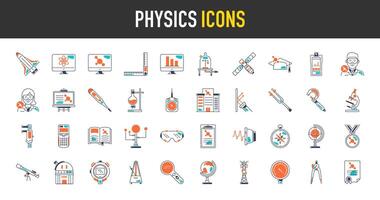 fysica pictogrammen set. zo net zo spectrometer, ruimteschip, microscoop, satelliet, atoom, laboratorium, vacuüm, boek, molecuul, wetenschapper, heerser, graadmeter, astronomie, wereldbol, grafiek, kompas icoon illustratie vector