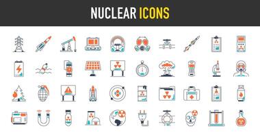 nucleair en energie icoon set. zo net zo toren, gas- masker, koffer, pijpleiding, tank, eerste steun uitrusting, gevaarlijk, brandstof, Gevaar, raket, formule, dosimeter, explosie, generator elektriciteit wapen pictogrammen vector