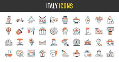 Italië pictogrammen set. zo net zo toerisme en cultuur, salami, tomaat, koffie, fontein, kaas, chef, colosseum, kolom, stolp, trommel, ijs, druif, handtas, ballon, vaatje, mardi gras illustratie vector