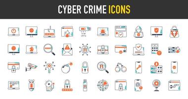 cyber misdrijf en veiligheid icoon set. zo net zo gegevens bescherming, beveiligd netwerk, technologie, brandwond, wachtwoord, hacker, credit kaart, scannen, firewall, betaling, toezicht camera illustratie vector