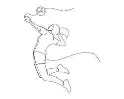 doorlopend single lijn tekening van vrouw volleybal atleet springt hoog naar verpletteren de bal Bij de tegenstander. sport opleiding concept. volleybal wedstrijd illustratie ontwerp vector