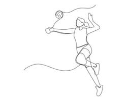 doorlopend single lijn tekening vrouw volleybal atleet op zoek Bij de bal springt hoog naar breken. sport opleiding concept. volleybal wedstrijd ontwerp illustratie vector