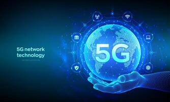 5g netwerk draadloze systemen en internet van dingen technologie concept. slim stad communicatie netwerk. 5g draadloze mobiel internet Wifi verbinding. aarde planeet wereldbol in hand. illustratie. vector