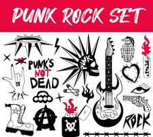 punk- rots set. punkers en anarchie symbolen set, schedels, gitaren rots stijl. illustratie vector