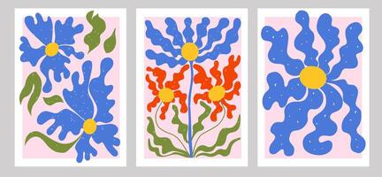abstract bloem posters set. modieus botanisch muur kunsten met wild bloemen planten, blad in hippie stijl. modern naief groovy funky interieur decoraties, schilderijen. kleurrijk vlak illustraties vector