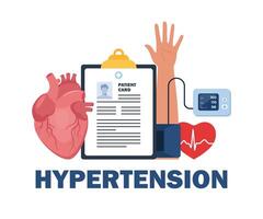 medisch examen en cardiologie controle. tonometer. meten hoog bloed druk, test buizen, spuit, geduldig medisch kaart, medicijnen, spuit, hart. vector