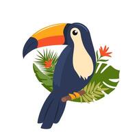 toekan, exotisch vogels, tropisch bloemen, palm bladeren, oerwoud bladeren, vogel van paradijs. vector