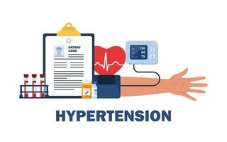 medisch examen en cardiologie controle. tonometer. meten hoog bloed druk, test buizen, spuit, geduldig medisch kaart, medicijnen, spuit, hart. vector