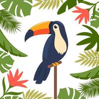 toekan, exotisch vogel, tropisch bloemen, palm bladeren, oerwoud bladeren, vogel van paradijs. vector