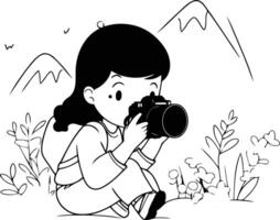 meisje met camera Aan de natuur in tekenfilm stijl. vector