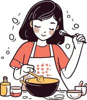 schattig meisje Koken in de keuken in tekenfilm stijl. vector
