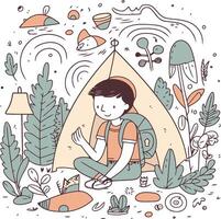 illustratie van een jongen zittend in een tent in de Woud. vector