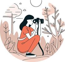 illustratie van een meisje met een camera Aan de achtergrond van natuur. vector