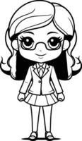 zwart en wit tekenfilm illustratie van schattig weinig meisje leerling karakter vector