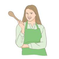 een meisje in een schort is Koken. keuken gebruiksvoorwerpen. eigengemaakt voedsel. vector