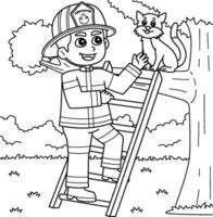brandweerman besparing een kat kleur bladzijde voor kinderen vector
