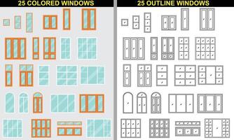 gekleurde en ongekleurd venster reeks pictogrammen. 25 gekleurde ramen en 25 venster contouren. geschikt voor uw huis ontwerp vector