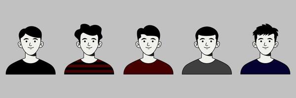 tekenfilm gewoontjes knap jong jongen. Mens gezicht avatar met divers haar- stijl reeks geïsoleerd Aan grijs achtergrond. vector