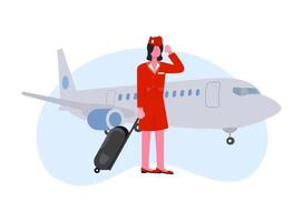 een stewardess brengt hulde aan het vliegtuig dat platte ontwerpillustratie zal opstijgen vector