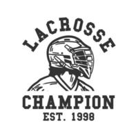 logo ontwerp lacrosse kampioen est. 1998 met zwarte en blanke man die lacrosse vintage illustratie speelt vector