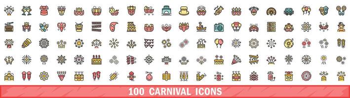 100 carnaval pictogrammen set, kleur lijn stijl vector