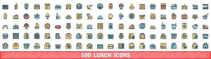 100 lunch pictogrammen set, kleur lijn stijl vector