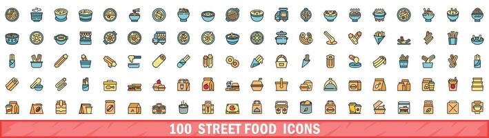 100 straat voedsel pictogrammen set, kleur lijn stijl vector