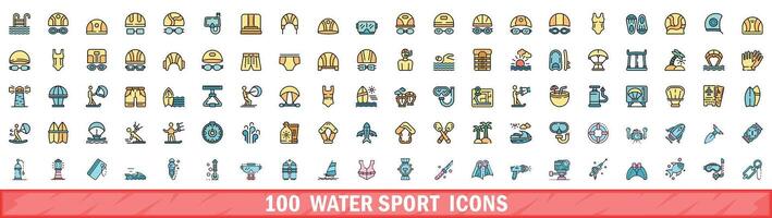 100 water sport pictogrammen set, kleur lijn stijl vector