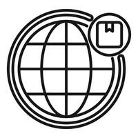 zwart en wit icoon van een wereldbol met een levering pakket, symboliseert globaal Verzending Diensten vector